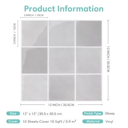 Commomy Thicker Gray Peel and Stick Tiles - 10 pcs of 12" x 12" - 3D Adhesive Square Peel and Stick Tiles Backsplash for Kitchen, Bathroom, Removable, Waterproof, Vinyl Wall Tile (Gray) - Image 5