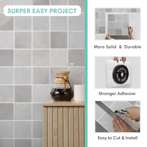 Commomy Thicker Gray Peel and Stick Tiles - 10 pcs of 12" x 12" - 3D Adhesive Square Peel and Stick Tiles Backsplash for Kitchen, Bathroom, Removable, Waterproof, Vinyl Wall Tile (Gray) - Image 4