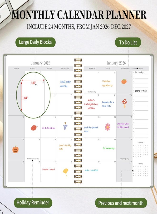 Kamoy Monthly Planner 2026-2027 - 2 Year Monthly Planner Calendar 2026-2027, Jan. 2026 - Dec. 2027, 7.3" * 9.5", 24 Months Calendar Planner with Note Pages, for Office, School Home Planning - Green - Image 4