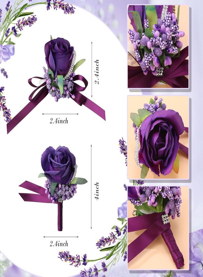 Geosar 20 Pcs Wedding Corsage and Boutonniere Set Homecoming Artificial Corsage Wristlet and Boutonniere for Men Women Bride Bridesmaid Wedding Flowers Accessories Prom Suit Decorations (Purple) - Image 2