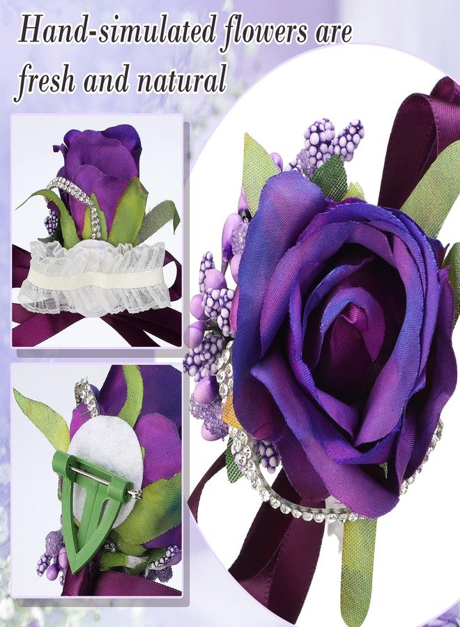 Geosar 20 Pcs Wedding Corsage and Boutonniere Set Homecoming Artificial Corsage Wristlet and Boutonniere for Men Women Bride Bridesmaid Wedding Flowers Accessories Prom Suit Decorations (Purple) - Image 3