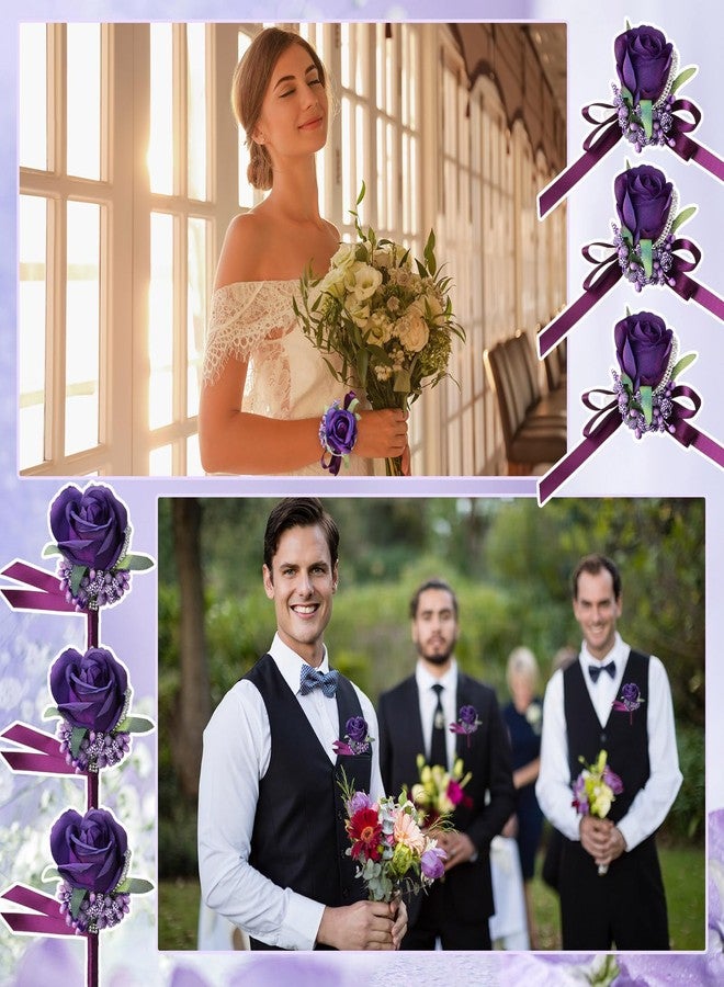 Geosar 20 Pcs Wedding Corsage and Boutonniere Set Homecoming Artificial Corsage Wristlet and Boutonniere for Men Women Bride Bridesmaid Wedding Flowers Accessories Prom Suit Decorations (Purple) - Image 5