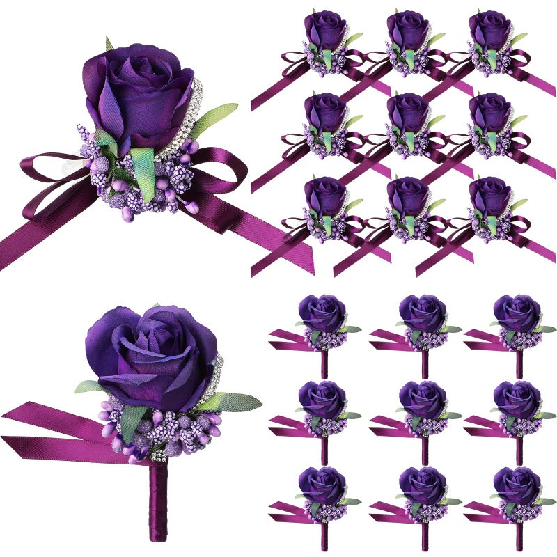 Geosar 20 Pcs Wedding Corsage and Boutonniere Set Homecoming Artificial Corsage Wristlet and Boutonniere for Men Women Bride Bridesmaid Wedding Flowers Accessories Prom Suit Decorations (Purple) - Image 1