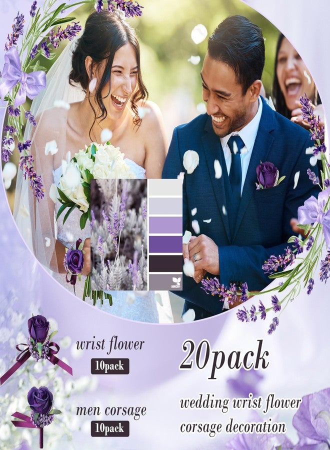 Geosar 20 Pcs Wedding Corsage and Boutonniere Set Homecoming Artificial Corsage Wristlet and Boutonniere for Men Women Bride Bridesmaid Wedding Flowers Accessories Prom Suit Decorations (Purple) - Image 4