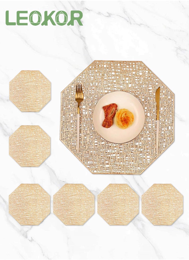 LEOKOR 6 PCS Octagonal PVC Place Mat Vinyl Heat Insulation Washable Gold Table Mats Hollow Out Placemats  - Image 1