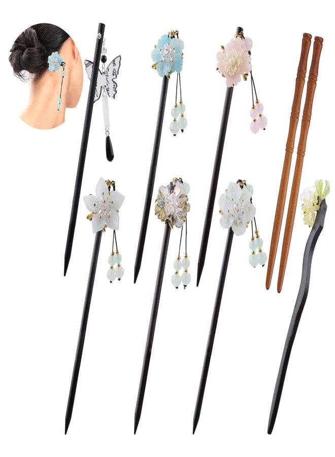 Yitexin 8 Pieces Retro Traditional Wooden Hair Stick for Women, Flower Butterfly Hair Chopsticks Pins with Bead Pendants, Vintage Hairpins Bun Fork Decorative Accessories (As Shown in the Picture) - Image 1