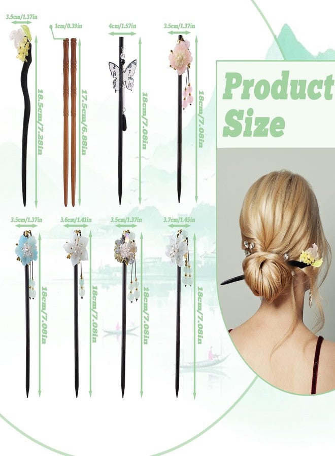 Yitexin 8 Pieces Retro Traditional Wooden Hair Stick for Women, Flower Butterfly Hair Chopsticks Pins with Bead Pendants, Vintage Hairpins Bun Fork Decorative Accessories (As Shown in the Picture) - Image 2