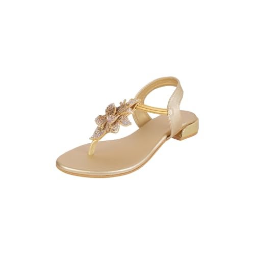 Metro Women Gold Synthetic Floral Embellished Flat Sandal UK/8 EU/41 (35-1209) - Image 1