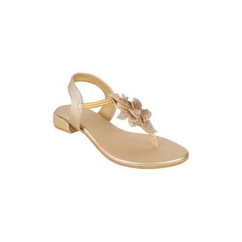 Metro Women Gold Synthetic Floral Embellished Flat Sandal UK/8 EU/41 (35-1209) - Image 3