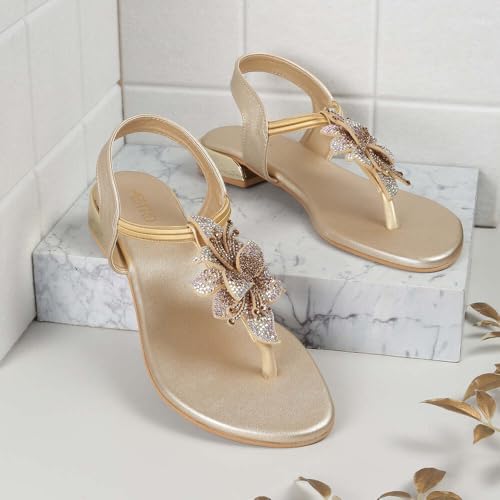Metro Women Gold Synthetic Floral Embellished Flat Sandal UK/8 EU/41 (35-1209) - Image 2