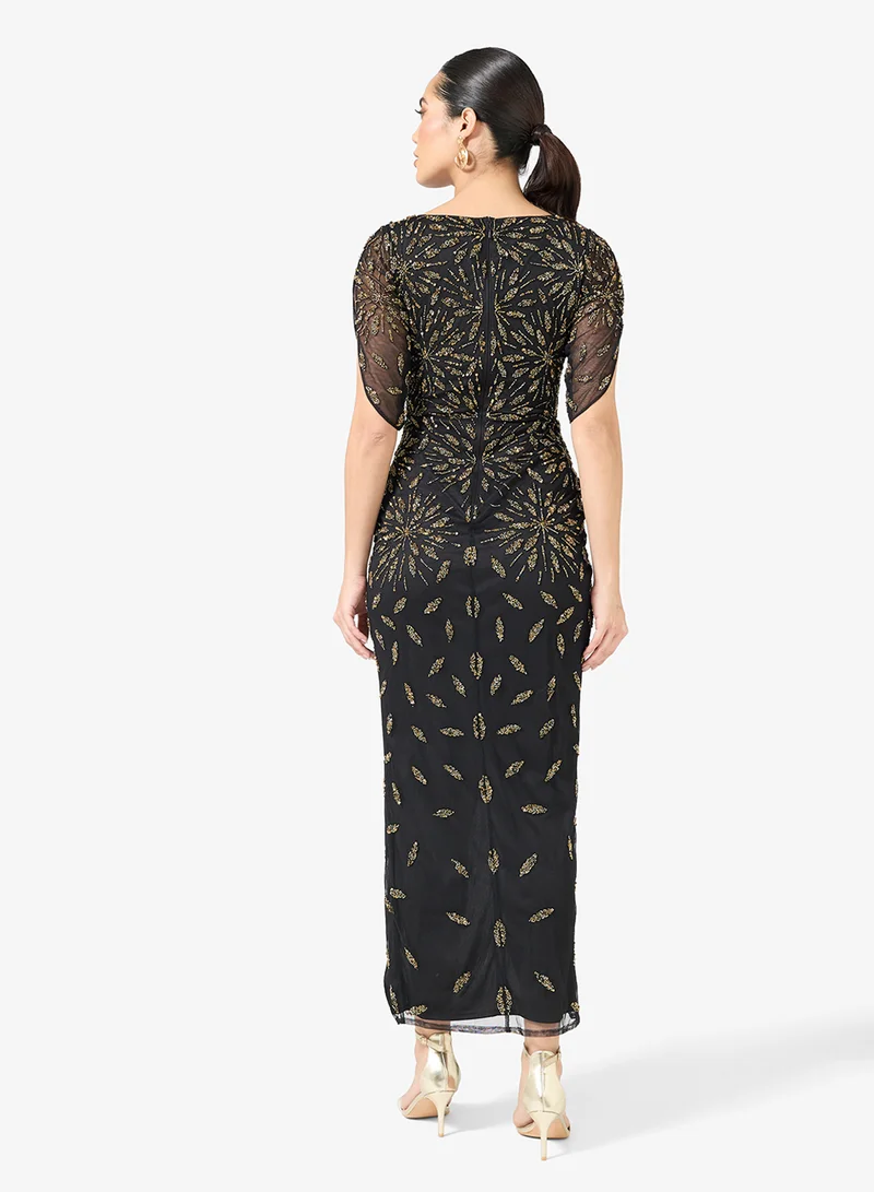 BEAUUT Embellished Sequin Mesh Detail Maxi Dress