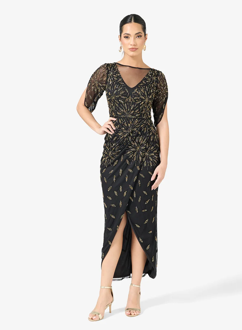 BEAUUT Embellished Sequin Mesh Detail Maxi Dress