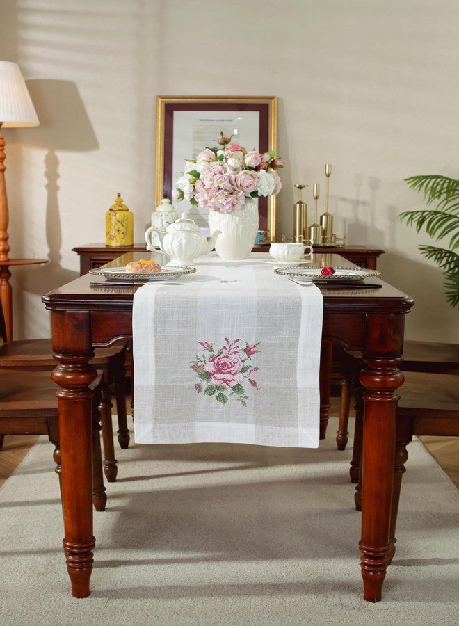 MONKDECOR Attractive Linen Embroidery Desing Center/Dining Table Runner (Size-15x33 Inches) Linen Crossstitch Pink - Image 1