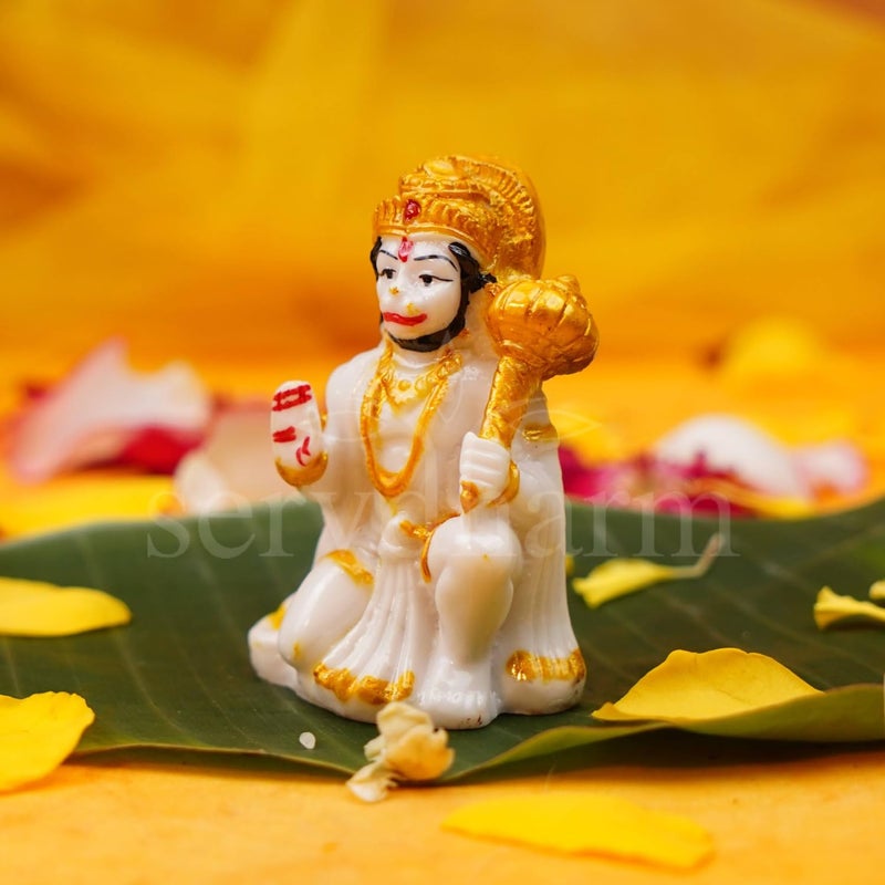Servdharm Hanuman Ji Murti Blessing with Gada Sitting Lord Balaji Bajrangbali Sankat Mochan Bhagwan Idol for Temple Car Dashboard Home Decor Statue Gifts (White), 8 x 5 cm - Image 3