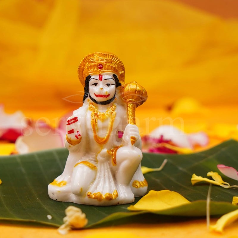 Servdharm Hanuman Ji Murti Blessing with Gada Sitting Lord Balaji Bajrangbali Sankat Mochan Bhagwan Idol for Temple Car Dashboard Home Decor Statue Gifts (White), 8 x 5 cm - Image 1