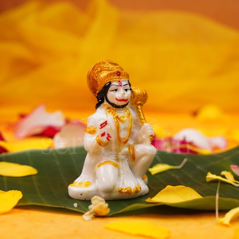 Servdharm Hanuman Ji Murti Blessing with Gada Sitting Lord Balaji Bajrangbali Sankat Mochan Bhagwan Idol for Temple Car Dashboard Home Decor Statue Gifts (White), 8 x 5 cm - Image 2