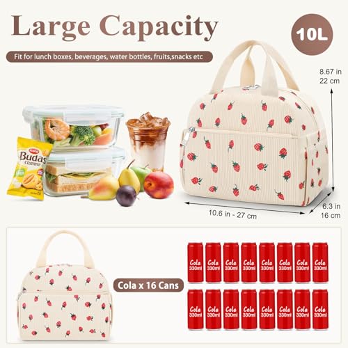 KUBYA Lunch Box for Women, Cute Strawberry Corduroy Insulated Lunch Bag Women Reusable Work Leakproof Simple Adults Large Lunch Boxes Tote Bag Men Cooler Bag - Image 3
