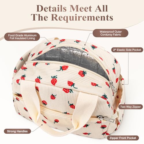 KUBYA Lunch Box for Women, Cute Strawberry Corduroy Insulated Lunch Bag Women Reusable Work Leakproof Simple Adults Large Lunch Boxes Tote Bag Men Cooler Bag - Image 4