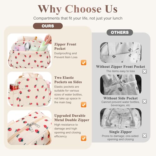 KUBYA Lunch Box for Women, Cute Strawberry Corduroy Insulated Lunch Bag Women Reusable Work Leakproof Simple Adults Large Lunch Boxes Tote Bag Men Cooler Bag - Image 5