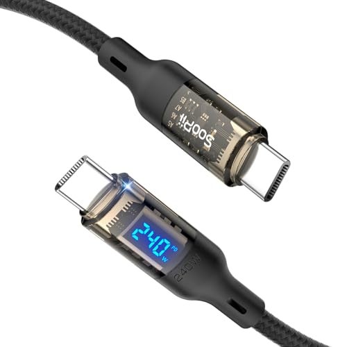 SOOPII USB C to USB C Cable 240W 10ftFast Charging USB C Cable with LED Display for MacBook ProlPhone161515Pro15ProMaxGalaxy S23S23 UltraS22 UltraetcTransparent ShellBlack - Image 1