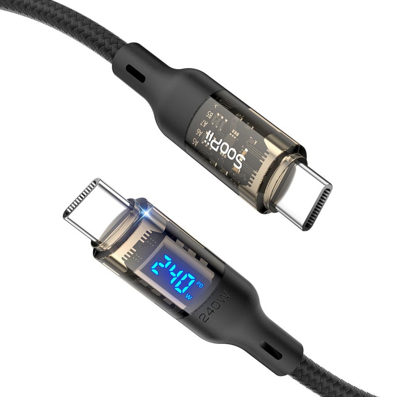 SOOPII USB C to USB C Cable 240W 10ftFast Charging USB C Cable with LED Display for MacBook ProlPhone161515Pro15ProMaxGalaxy S23S23 UltraS22 UltraetcTransparent ShellBlack - Image 2