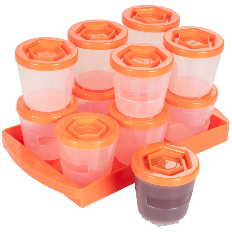 Sprout Cups أكواب سبراوت لتخزين طعام الأطفال (12 عبوة) - 2 أونصة قابلة لإعادة الاستخدام، قابلة للتكديس، علب بلاستيكية مانعة للتسرب مع صينية وقلم جاف - آمنة في الفريزر والميكروويف وغسالة الصحون - خالية من BPA/PVC - برتقالي - Image 1