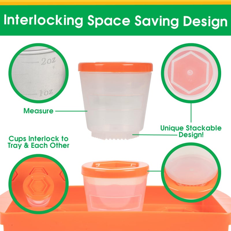 Sprout Cups أكواب سبراوت لتخزين طعام الأطفال (12 عبوة) - 2 أونصة قابلة لإعادة الاستخدام، قابلة للتكديس، علب بلاستيكية مانعة للتسرب مع صينية وقلم جاف - آمنة في الفريزر والميكروويف وغسالة الصحون - خالية من BPA/PVC - برتقالي - Image 3