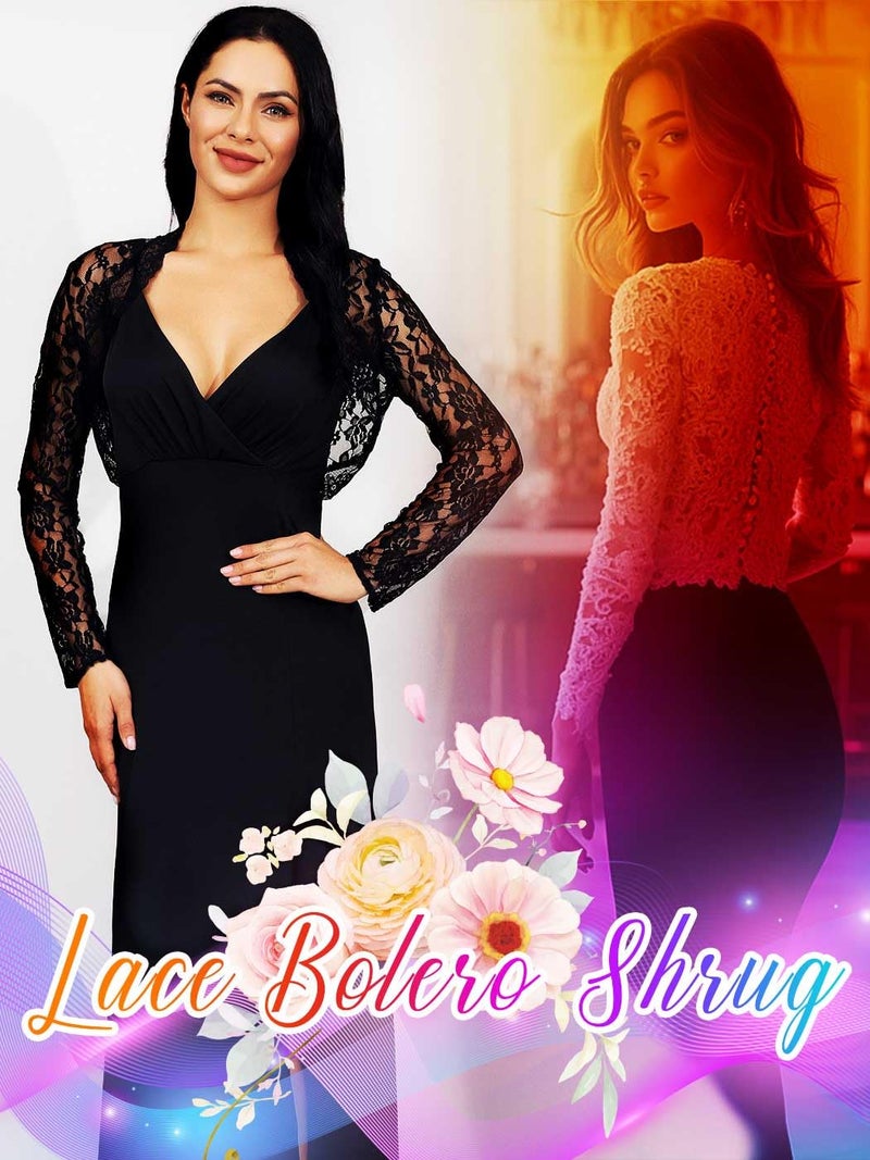 GORAIS Lace Shrug Womens Bolero Jackets for Evening Dresses Long Sleeve Wedding Shrugs for Bride and Bridesmaids Black - Image 4