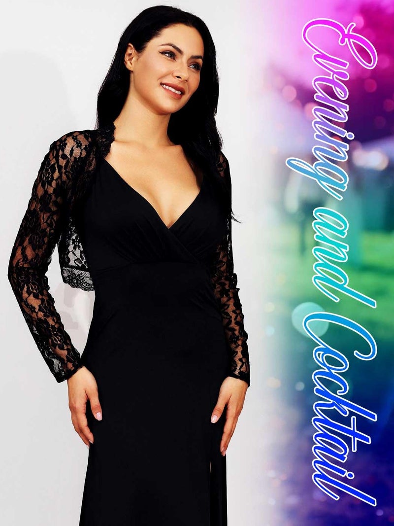 GORAIS Lace Shrug Womens Bolero Jackets for Evening Dresses Long Sleeve Wedding Shrugs for Bride and Bridesmaids Black - Image 5