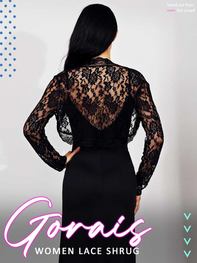 GORAIS Lace Shrug Womens Bolero Jackets for Evening Dresses Long Sleeve Wedding Shrugs for Bride and Bridesmaids Black - Image 2
