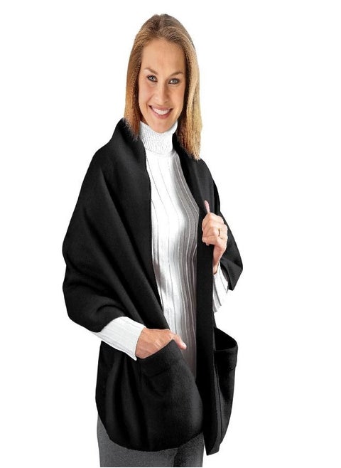 Collections Fleece Wrap Shawl With Pockets, Black ,66"L