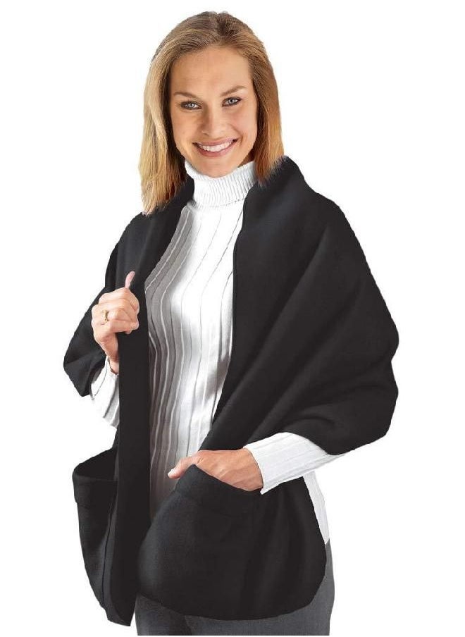 Collections Etc - Collections Fleece Wrap Shawl With Pockets, Black ,66"L - Image 1