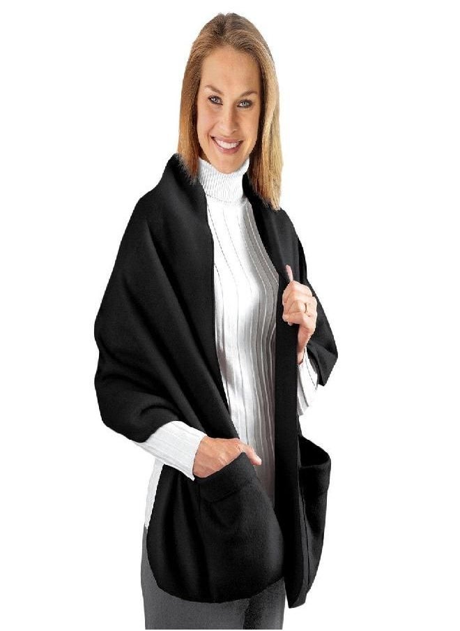 Collections Etc - Collections Fleece Wrap Shawl With Pockets, Black ,66"L - Image 1
