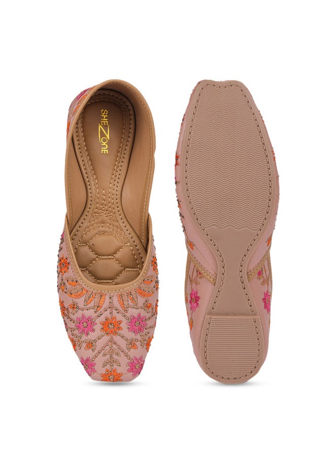 She Zone Peach-Coloured Embellished Mojaris for Women - Image 5