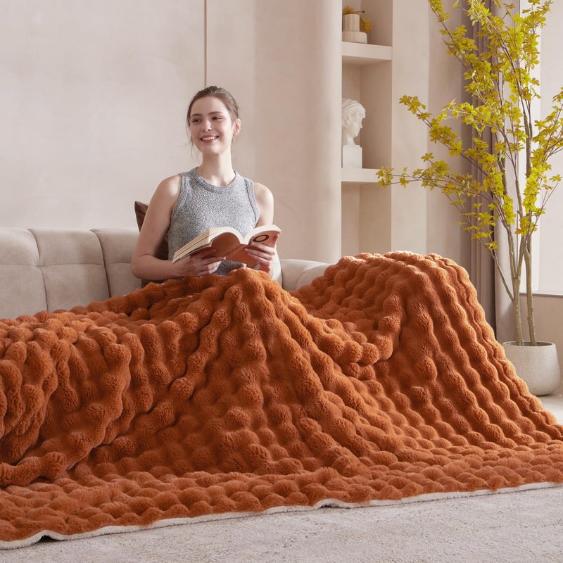 Serenhom 60x80 Inches Ultra-Soft Fuzzy Faux Fur Plush Twin Size Blanket - Thick  Warm Sherpa for Couch  Sofa  Bedroom  Camping - Decorative Blanket for Cozy Warmth  Bubble Dark Brown - Image 2