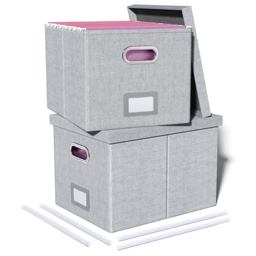 Oterri 2 Pack File Storage Organizer, Filing Box, Portable File Box with Lid, Fit for Letter/Legal File Folder Storage, Document Organizer, Gray-White - Image 1