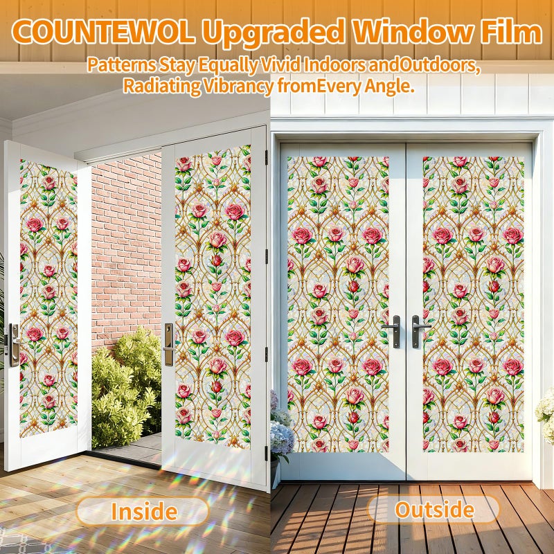 Countewol Rainbow Static Cling Window Film, Stained Glass Privacy Film with Rose Pattern, Anti-Glare UV Protection, Removable Decorative Window Clings for Home/glass door (Vintage Rose, 17.5 x78.7 in) - Image 5