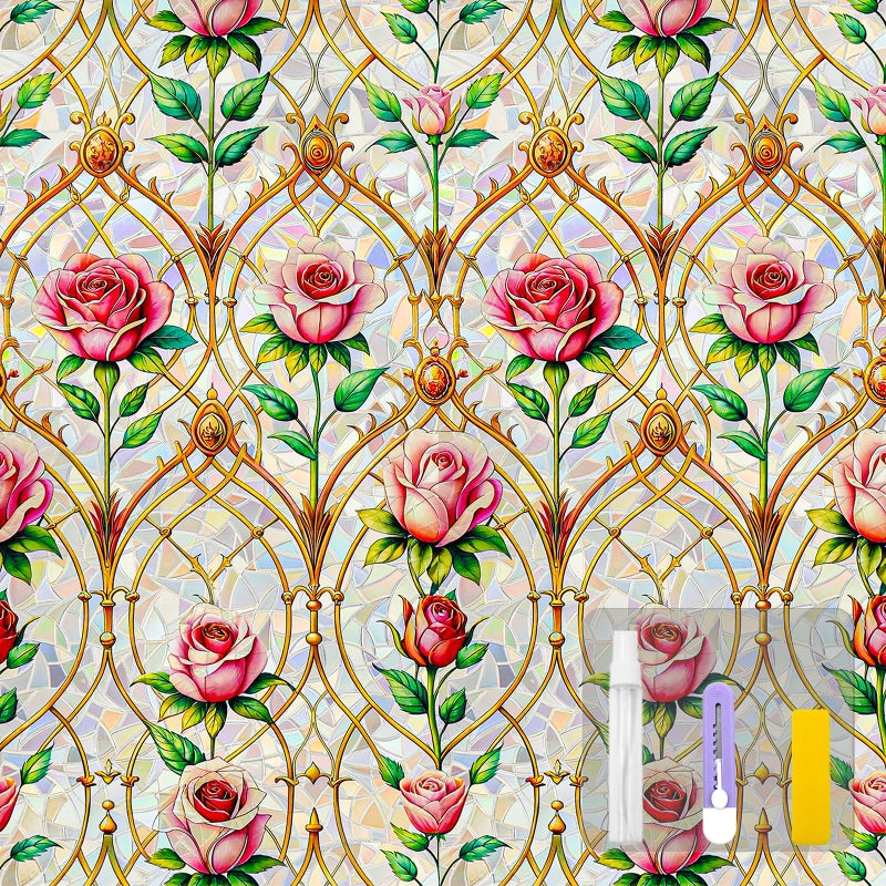 Countewol Rainbow Static Cling Window Film, Stained Glass Privacy Film with Rose Pattern, Anti-Glare UV Protection, Removable Decorative Window Clings for Home/glass door (Vintage Rose, 17.5 x78.7 in) - Image 1