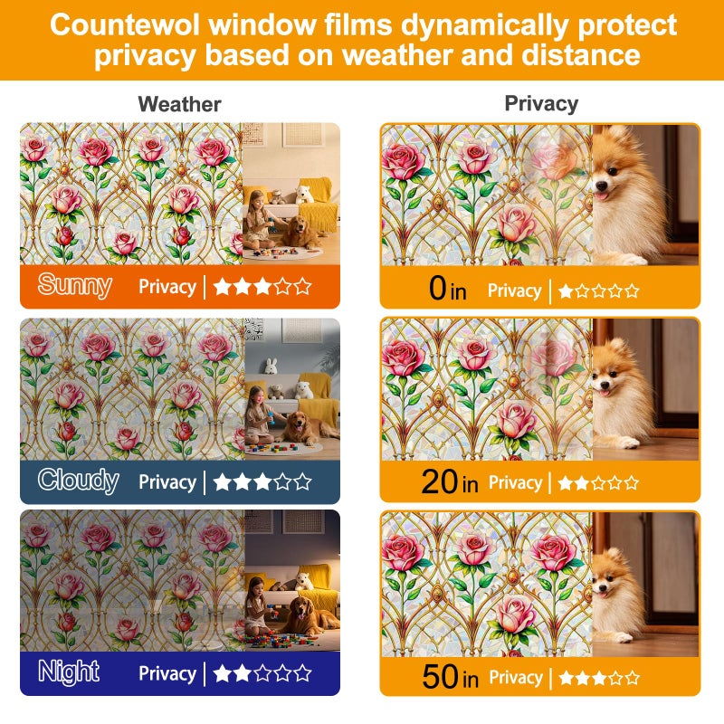Countewol Rainbow Static Cling Window Film, Stained Glass Privacy Film with Rose Pattern, Anti-Glare UV Protection, Removable Decorative Window Clings for Home/glass door (Vintage Rose, 17.5 x78.7 in) - Image 3