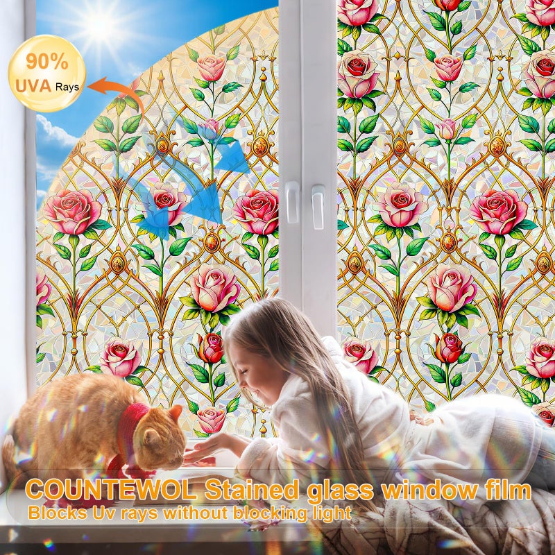 Countewol Rainbow Static Cling Window Film, Stained Glass Privacy Film with Rose Pattern, Anti-Glare UV Protection, Removable Decorative Window Clings for Home/glass door (Vintage Rose, 17.5 x78.7 in) - Image 4
