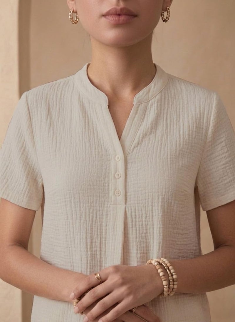 TOPLOT Women's Co-ord Set | Stylish Matching Top & Bottom Set | Notch Neckline with Button Detail | Loose-Fit, Short-Sleeve Top with a Relaxed Silhouette |Ideal for Casual (Pop-Coord-5250-Cream-XS) - Image 2