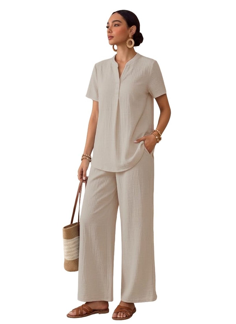 TOPLOT Women's Co-ord Set | Stylish Matching Top & Bottom Set | Notch Neckline with Button Detail | Loose-Fit, Short-Sleeve Top with a Relaxed Silhouette |Ideal for Casual (Pop-Coord-5250-Cream-XS) - Image 1