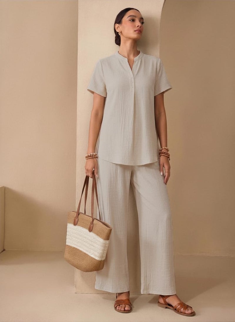 TOPLOT Women's Co-ord Set | Stylish Matching Top & Bottom Set | Notch Neckline with Button Detail | Loose-Fit, Short-Sleeve Top with a Relaxed Silhouette |Ideal for Casual (Pop-Coord-5250-Cream-XS) - Image 3
