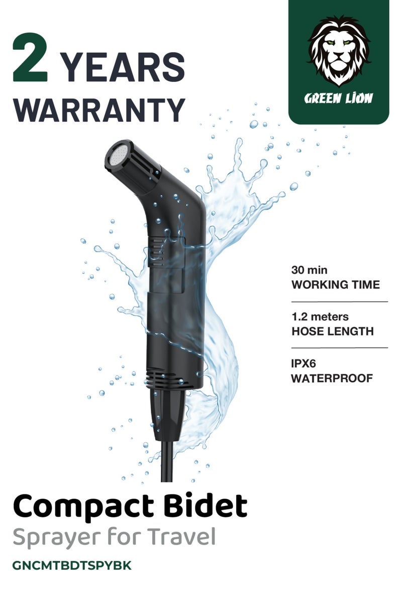 GREEN LION Compact Bidet Sprayer for Travel / High Battery Capacity / USB-C Charging / IPX6 Waterproof / Considerable Length Hose - Black - Image 1