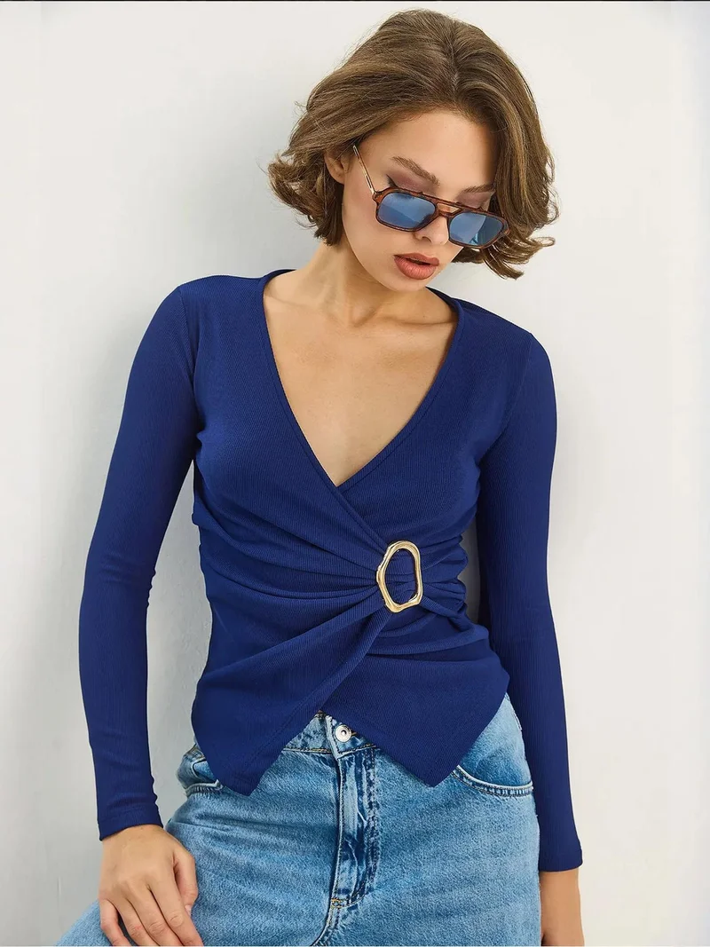 Bianco Lucci Moroccan Blue LUCCI Double Breasted Blouse with Accessory Detail for Women | Best Price UAE