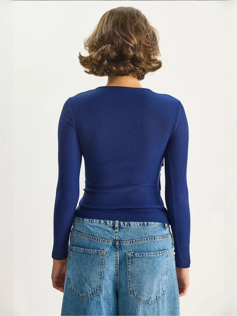 Bianco Lucci Moroccan Blue LUCCI Double Breasted Blouse with Accessory Detail for Women | Best Price UAE