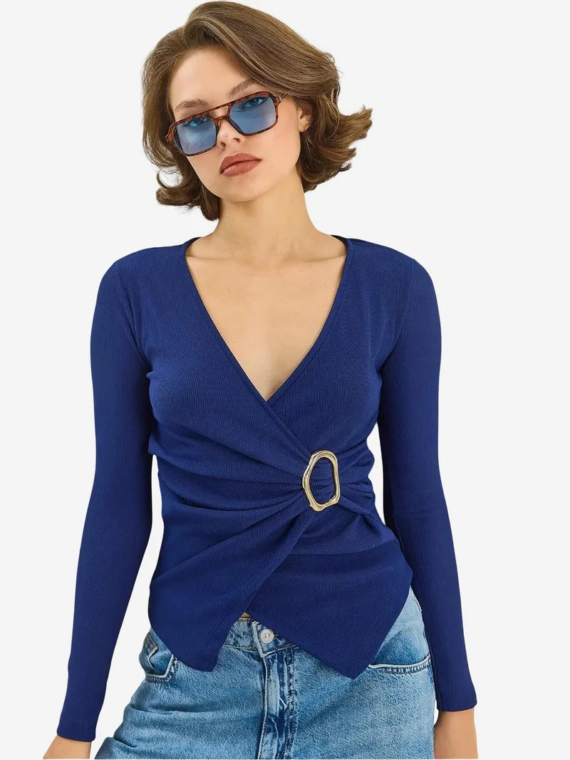 Bianco Lucci Moroccan Blue LUCCI Double Breasted Blouse with Accessory Detail for Women | Best Price UAE