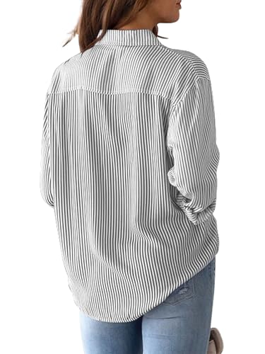 CUNLIN Grey Button Down Striped Shirt Women Blouses & Button-Down Shirts for Womens Fashion Long Sleeve Blouse Tops Grey Size XL - Image 2
