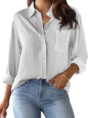 CUNLIN Grey Button Down Striped Shirt Women Blouses & Button-Down Shirts for Womens Fashion Long Sleeve Blouse Tops Grey Size XL - Image 1