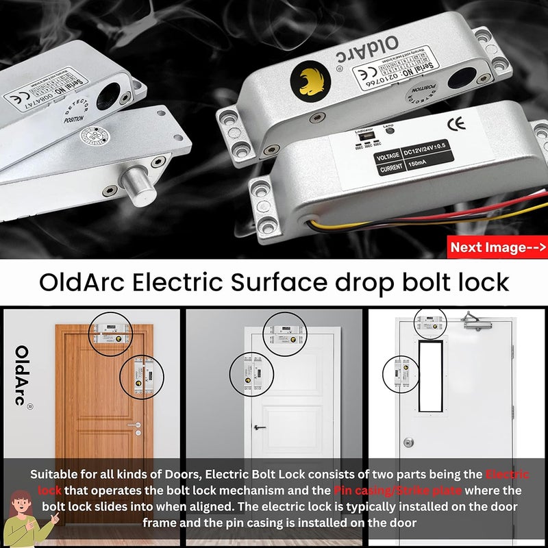 OldArc Surface Drop Bolt Lock with Adjustable Time Delay Flat Surface door lock DC12V Electric Drop bolt lock for door dead bolt lock Auto locking Surface Contact Lock for Wooden Metal Doors - Image 2
